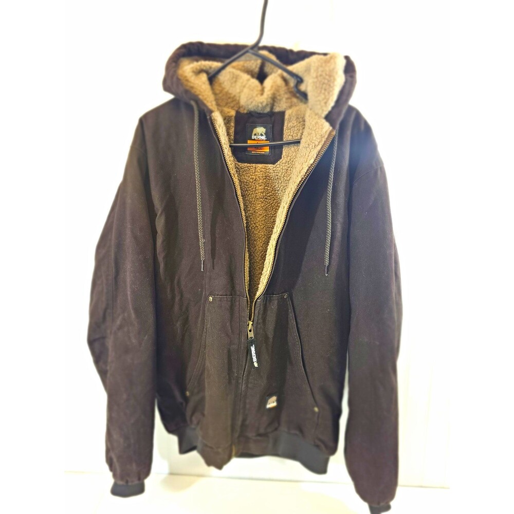 Berne Workwear Men's Brown Hooded Sherpa Lined Full Zip Jacket Size LT Tall